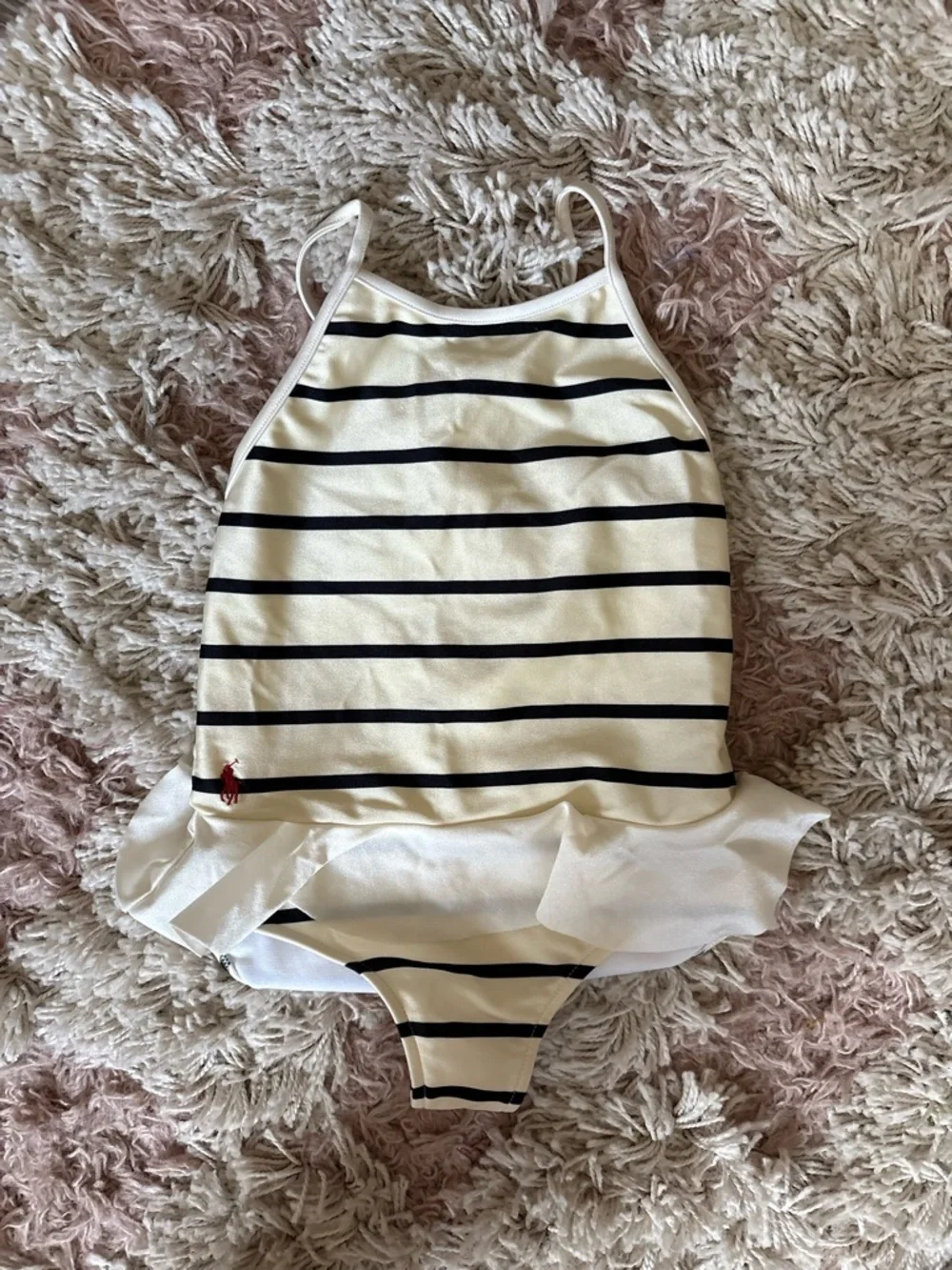 Ralph Lauren White and Navy Striped Ruffle One-Piece Swimsuit